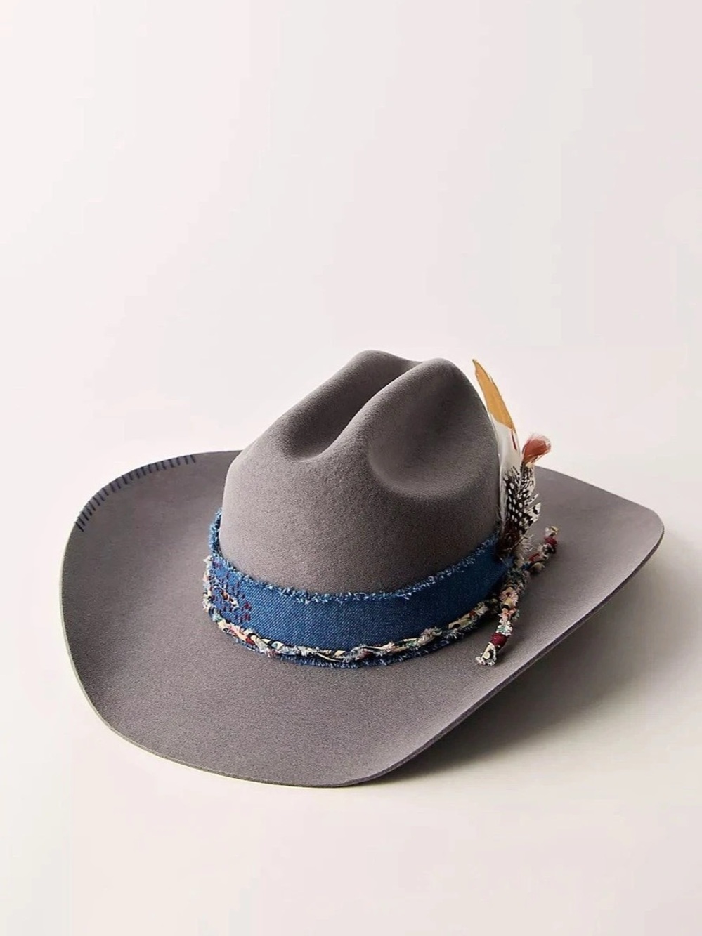 Free People Wool Felt Cowboy in Grey Fedora Gray & Blue Medium